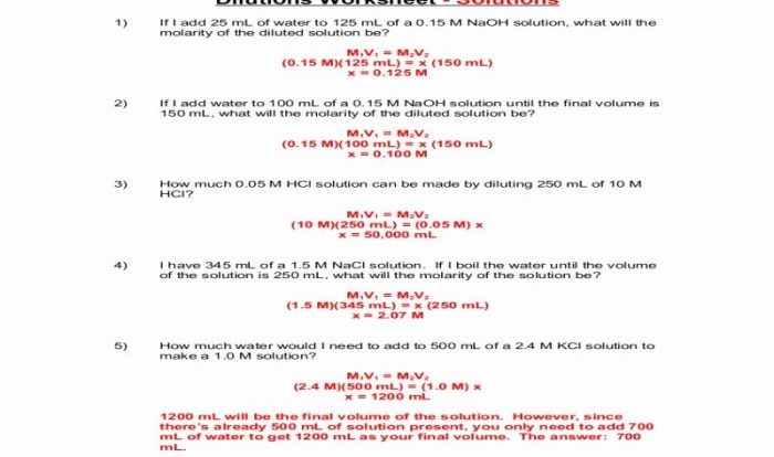 Molarity and dilutions worksheet answer key