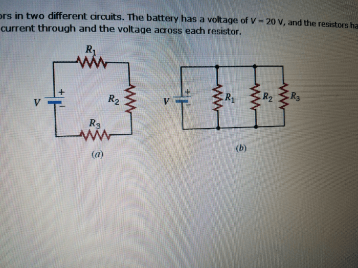 The drawing shows three different resistors in two different circuits