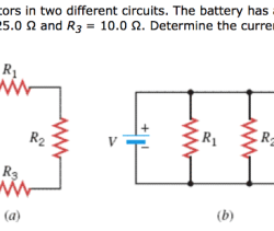 The drawing shows three different resistors in two different circuits