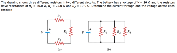 The drawing shows three different resistors in two different circuits